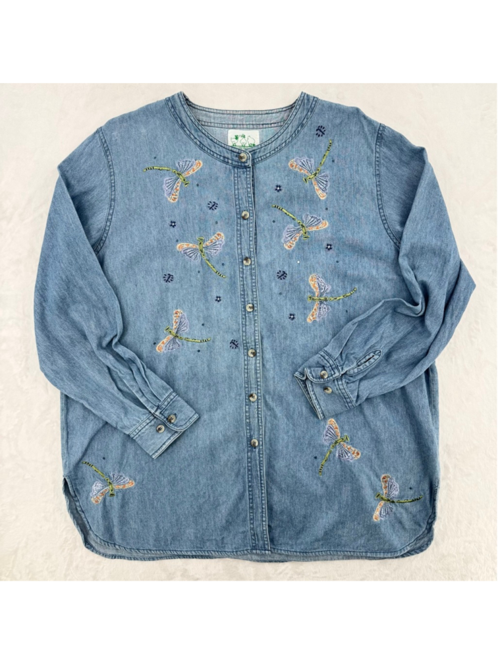 Vintage 90s Dragonfly Denim Shirt Quacker Factory Embroidered Cotton Size 1X